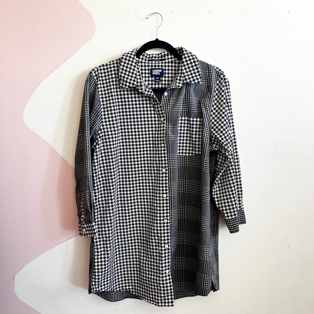 Lands' End Women's Size 14 Shirt Button Down Top Houndstooth No Iron Supima